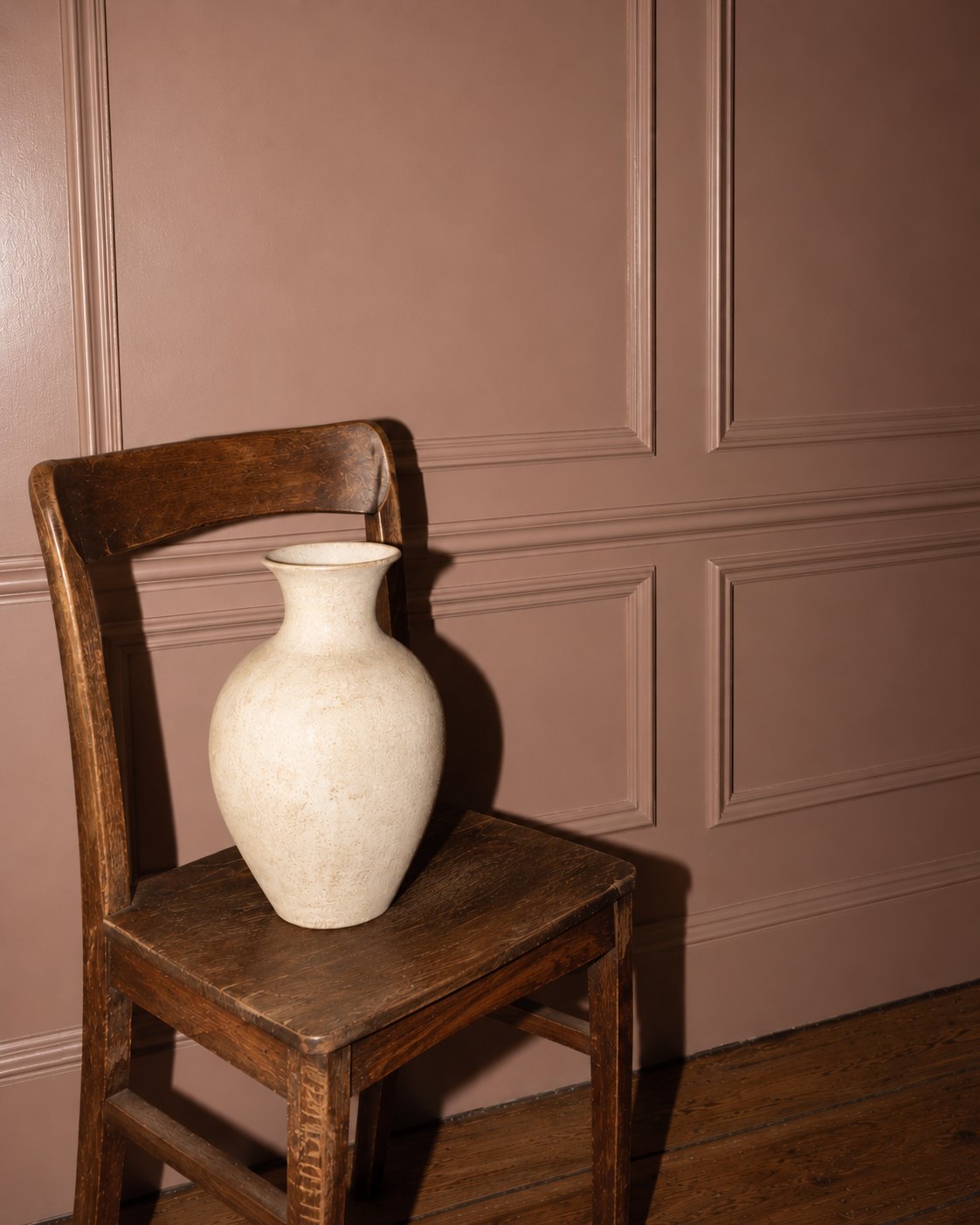 A pale ceramic urn on an old wooden chair against dusky pink panelled walls
